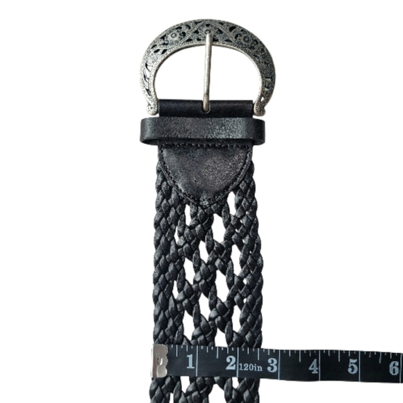 Moda International Black Leather Boho Braided Belt w/Intricate Silver Buckle L - Picture 2 of 5